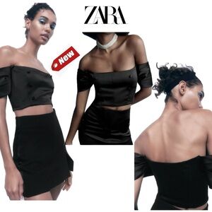 Zara Black satin effect buttoned short pleated sleeve crop top Sz L NWT